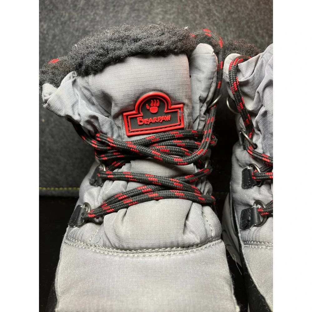 Bearpaw Tundra Youth Snow Boots Grey Black Red Wool Blend Insulated 2363Y Size 4